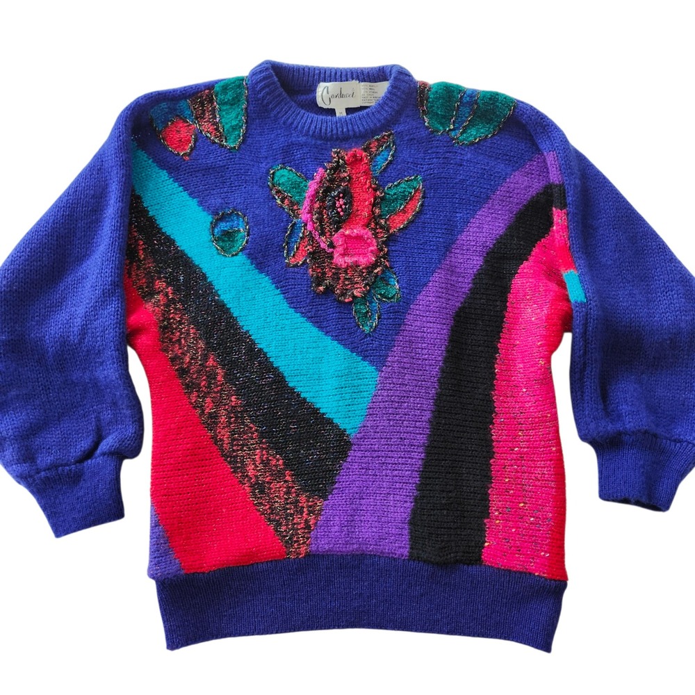 Vintage Carducci Women's Knit Sweater 3D Embellished Floral Geometric Medium